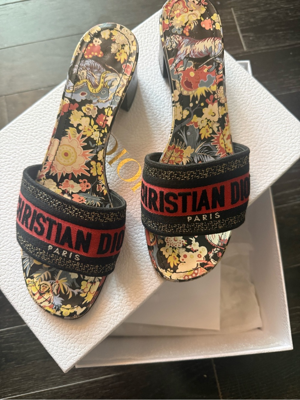 Dior Floral-Print Slip-On Mules with Black and Red Logo Band